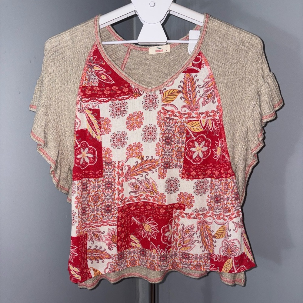 Hummingbird Red and Cream Patchwork Blouse - szM (P17)